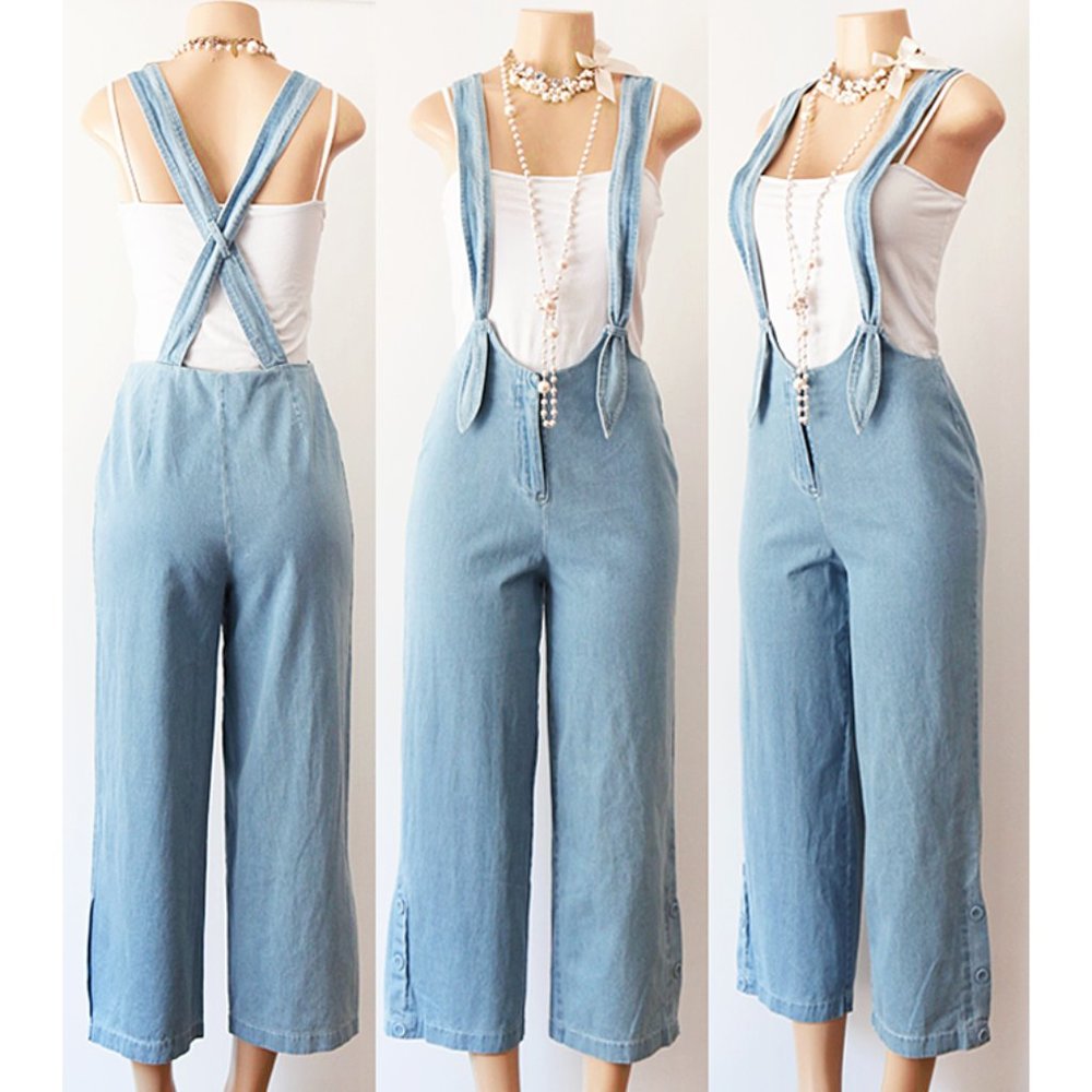 Denim Blue Cotton Wide Leg Crop Overall Jumpsuit - Picture 2 of 8